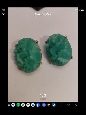 vintage Floral Carved celluloid Oval Clip-On Earrings in Mint Green